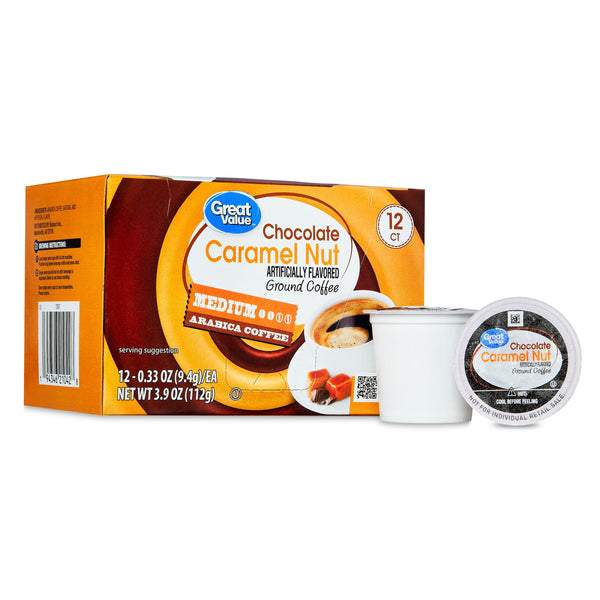 (6 pack) (6 pack) Great Value Chocolate Caramel Nut, Medium Roast Arabica Coffee Pods, 12 Count