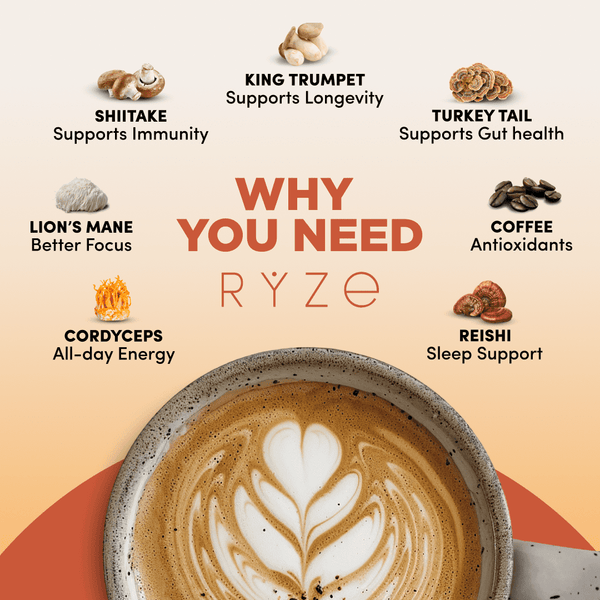 RYZE SUPERFOODS Mushroom Medium Roast Coffee USDA Organic with 6 Adaptogenic Mushrooms, USA Grown Instant Coffee for Better Energy, Focus Digestion Immunity with Lions Mane & Turkey Tail 30 Servings