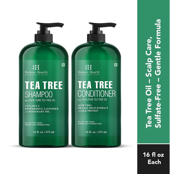 Botanic Hearth Tea Tree Shampoo and Conditioner Set - with 100% Pure Tea Tree Oil, for Itchy and Dry Scalp, Sulfate Free, Paraben Free - for Men and Women - 2 bottles 16 fl oz each