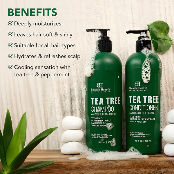 Botanic Hearth Tea Tree Shampoo and Conditioner Set - with 100% Pure Tea Tree Oil, for Itchy and Dry Scalp, Sulfate Free, Paraben Free - for Men and Women - 2 bottles 16 fl oz each