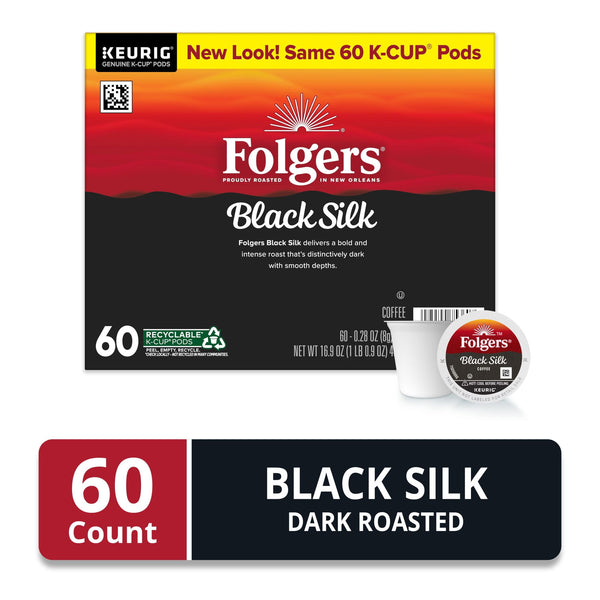 Folgers Black Silk, Dark Roast Coffee, Keurig K Cup Pods, 60 Count Box