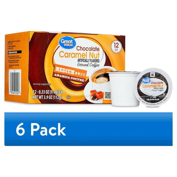 (6 pack) (6 pack) Great Value Chocolate Caramel Nut, Medium Roast Arabica Coffee Pods, 12 Count