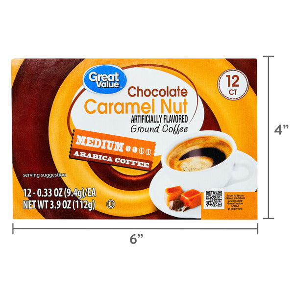 (6 pack) (6 pack) Great Value Chocolate Caramel Nut, Medium Roast Arabica Coffee Pods, 12 Count