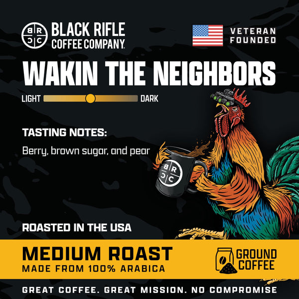 (6 pack) Black Rifle Coffee Company Wakin the Neighbors Extra High Caffeine, Medium Roast, Ground Coffee, 12 oz