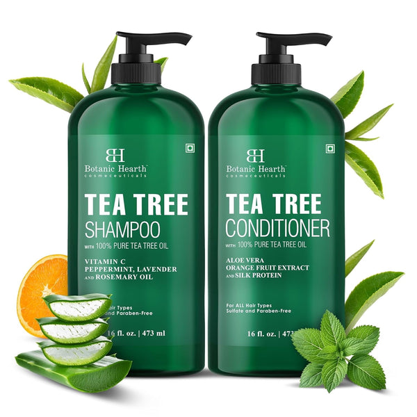 Botanic Hearth Tea Tree Shampoo and Conditioner Set - with 100% Pure Tea Tree Oil, for Itchy and Dry Scalp, Sulfate Free, Paraben Free - for Men and Women - 2 bottles 16 fl oz each