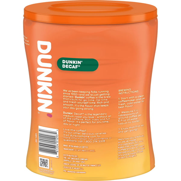 Dunkin’ Decaf Medium Roast Ground Coffee, 30 oz Canister