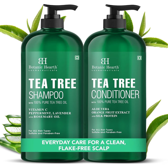 Botanic Hearth Tea Tree Shampoo and Conditioner Set - with 100% Pure Tea Tree Oil, for Itchy and Dry Scalp, Sulfate Free, Paraben Free - for Men and Women - 2 bottles 16 fl oz each