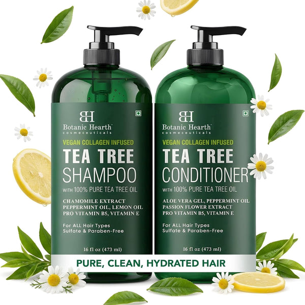 Botanic Hearth Tea Tree Shampoo and Conditioner Set - with 100% Pure Tea Tree Oil, for Itchy and Dry Scalp, Sulfate Free, Paraben Free - for Men and Women - 2 bottles 16 fl oz each