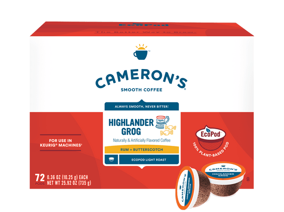 Cameron's Coffee Highlander Grog Flavored Light Roast Compostable Coffee Pods Single Serve K Cups for Keurig, Rum & Butterscotch, 72 count Ecopods Box
