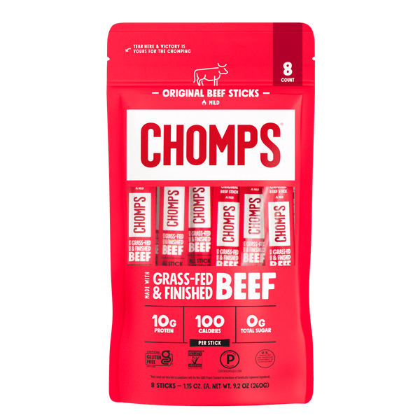 (8 pack) Chomps Grass-Fed and Finished Original Beef Jerky Meat Snack, 10g of Protein (8 Count)