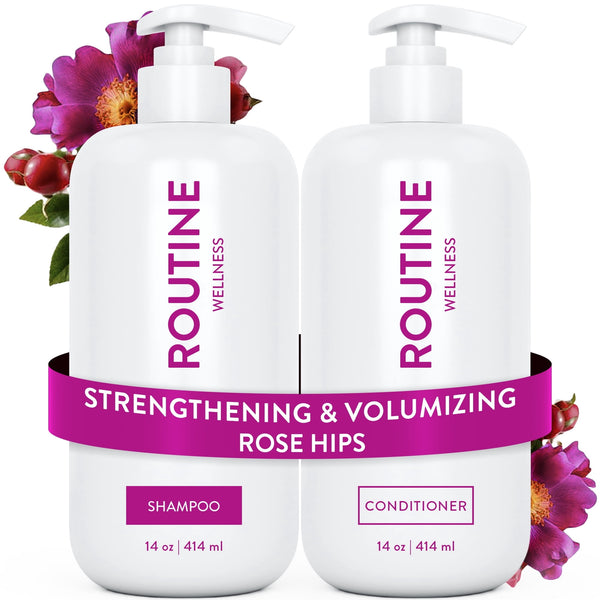 Routine Wellness Shampoo & Conditioner Set - Strengthening & Volumizing for Thinning Hair - Promotes Full, Voluminous, Healthy Hair - Rose Hips Set