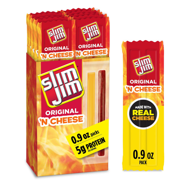 (4 pack) Slim Jim Beef 'N Cheese Smoked Meat Sticks, Original Flavor, 5g Protein Per Serving, Snack Size, 0.9 oz., 10-Count (Pack of 4)