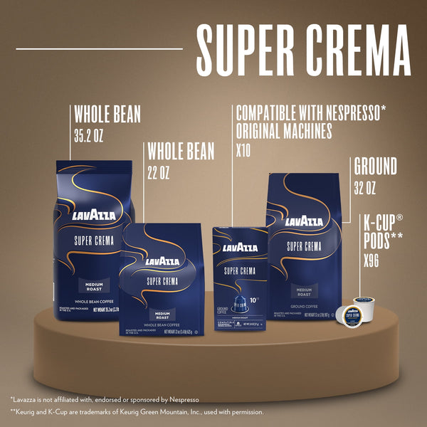 Lavazza Super Crema Ground Coffee, Medium Roast, Arabica and Robusta Blend, 32 oz Bag (Pack of 6)