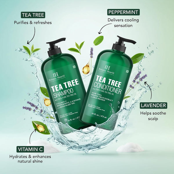 Botanic Hearth Tea Tree Shampoo and Conditioner Set - with 100% Pure Tea Tree Oil, for Itchy and Dry Scalp, Sulfate Free, Paraben Free - for Men and Women - 2 bottles 16 fl oz each