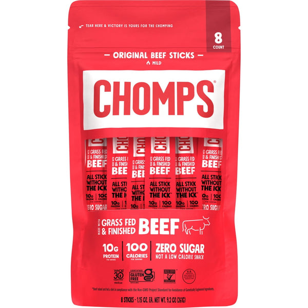 (8 pack) Chomps Grass-Fed and Finished Original Beef Jerky Meat Snack, 10g of Protein (8 Count)