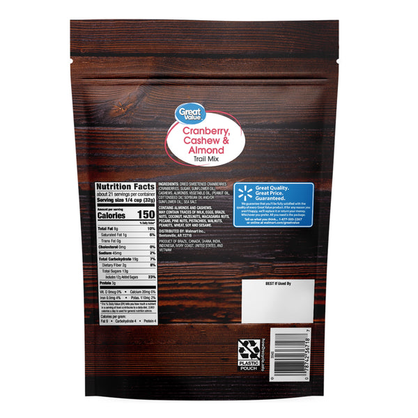 (4 pack) Great Value Cranberry Cashew & Almond Trail Mix, 24 oz