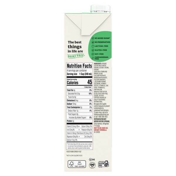 (12 pack) So Delicious Dairy Free Shelf Stable Vegan and Gluten Free Unsweetened Organic Coconut Milk Carton, 32 fl oz